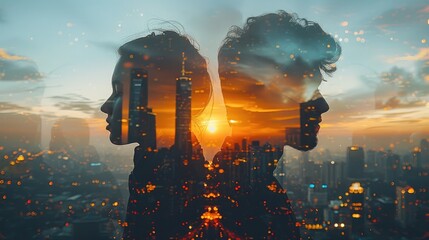 Aufkleber - Double exposure of people standing with a city skyline backdrop, merging human silhouettes with skyscrapers, capturing the essence of urban life and connectivity.