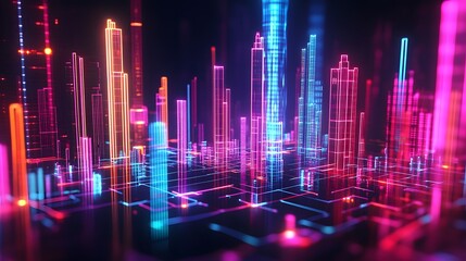 Fototapete - A vibrant digital cityscape featuring glowing skyscrapers and abstract lights in striking colors, representing modern technology.