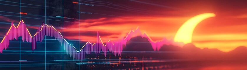 Poster - A vibrant sunset overlaid with digital chart graphics, symbolizing financial growth and market analysis in a modern setting.