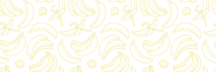 Aufkleber - Banana line art vector repeat pattern banner, seamless repeating horizontal background or cover design, white and yellow wallpaper