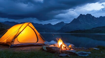 Wall Mural - camping tent by lake with fire under a dramatic sky at dusk.