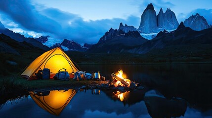 Wall Mural - camping scene at twilight with a tent and a warm fire by a serene mountain lake.