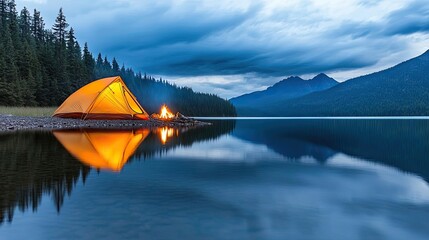 Wall Mural - scenic campsite by a tranquil lake under a twilight sky.