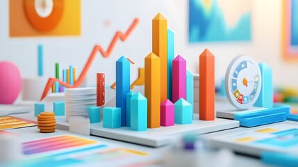 Poster - Colorful 3D analytics display featuring vibrant shapes and graphs for data visualization and business analysis.