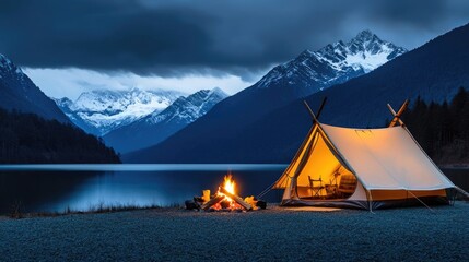 Wall Mural - camping tent by a serene lake with mountains under a cloudy night sky.