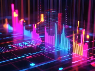 Poster - Colorful data visualization with glowing bars against a dark background, showcasing data analysis and technology trends.