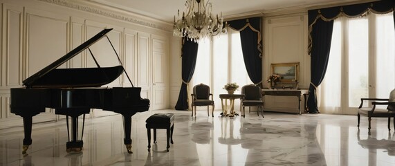 opulent living room marble floors a grand piano and chandeliers
