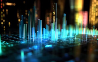 Fototapete - Futuristic data visualization with glowing bars set against a vibrant city skyline, representing digital growth and analysis.