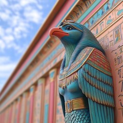 A colorful statue of a falcon deity set against an ornate wall.