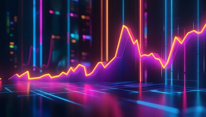 Poster - Vibrant digital graph illustrating growth trends against a futuristic backdrop with neon colors, representing data analysis and finance.