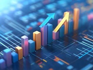 Poster - Vibrant financial graph showcasing upward trends with colorful bars and arrows, representing growth and success in data analysis.