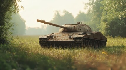 Wall Mural - Abandoned tank surrounded by lush overgrowth, a haunting reminder of the past in nature's embrace.