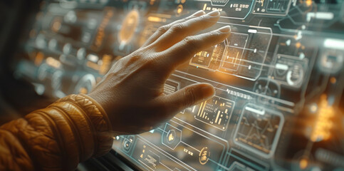 Poster - A person touches a transparent screen with diagrams on it.