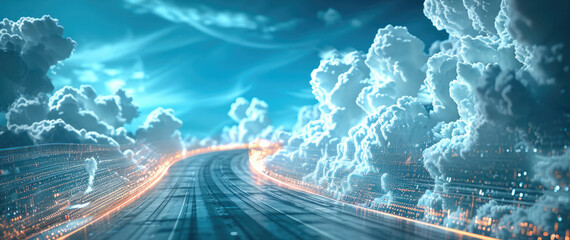 Aufkleber - Data is transferred over the internet using cloud computing. Technological advancements in the future. Data is transferred from a futuristic server structure to a cloud computing environment.