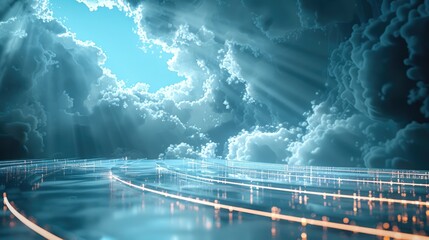 Aufkleber - Data is transferred over the internet using cloud computing. Technological advancements in the future. Data is transferred from a futuristic server structure to a cloud computing environment.