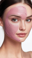 Wall Mural - woman with facial mask, portrait of a woman with a mask, young and beautiful woman with a pink clay mask on her face, makeup, home care,