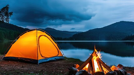 Wall Mural - cozy camping scene with a warm tent by the lake under a cloudy sky.