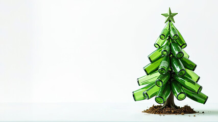 Wall Mural - creative holiday tree made from green bottles on a light background in a festive setting
