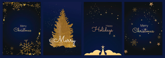 Luxury gold happy holiday invitation card design vector. Christmas tree, snowflake, star with gold foil texture on navy blue background. Design illustration for cover, print, poster, ads.