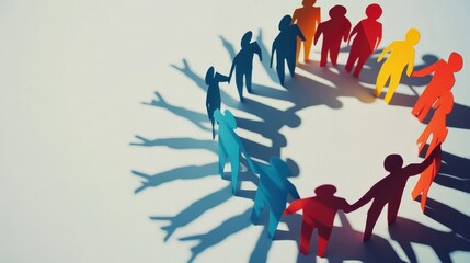 Group of colorful paper people forming a circle, with shadows on a white background, symbolizing support and friendship