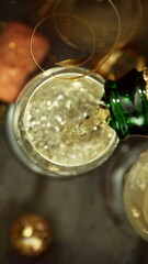 Fototapete - Super Slow Motion of Pouring Champagne Wine into Glass. Filmed on High Speed Cinema Camera, 1000 fps. Vertical Aspect Ratio.