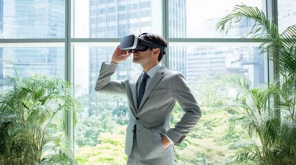 Poster - Businessman using VR headset in a modern office, symbolizing innovation and tech in business.