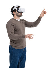 Poster - Man using VR headset, reaching out with hand. Isolated on white background. Concept of virtual reality and technology