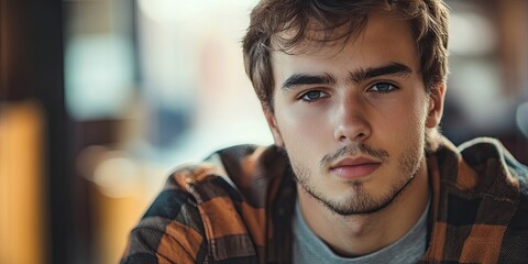 A young man dressed in casual attire is gazing directly into the camera. His relaxed outfit and direct gaze create an engaging and approachable appearance.