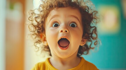 Joyful toddler with curly hair eagerly anticipating a meal, captured in a vibrant photo style with ample copy space for text or design elements.