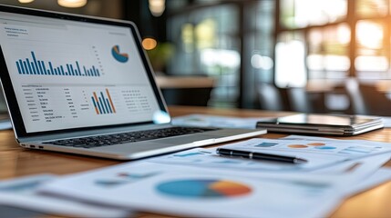 Poster - Desk with open laptop and financial report, with pen and calculator ready for analysis.