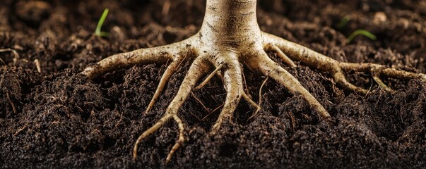 A close-up view of tree roots growing in rich, dark soil, showcasing their intricate structure and connection to the earth.