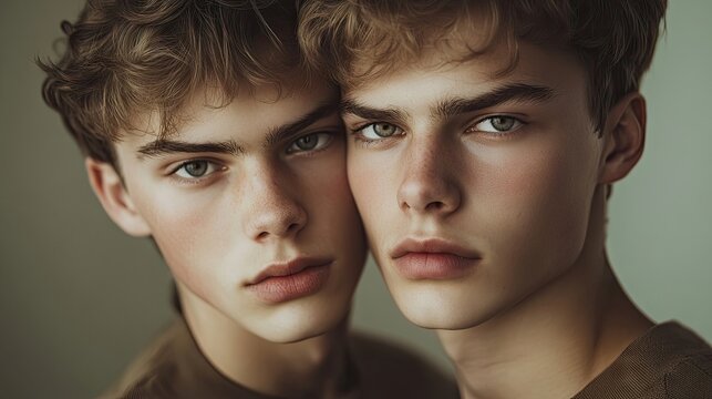 Two striking twin brothers pose with serious expressions, highlighting their unique features and strong bond. The composition offers ample copy space for text or branding.