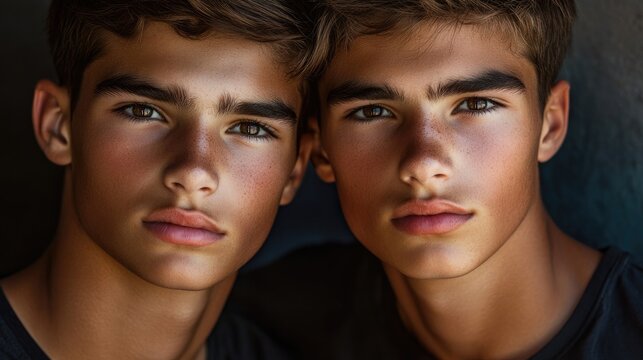 Two striking twin brothers pose with serious expressions, highlighting their unique features and strong bond. The composition offers ample copy space for text or branding.
