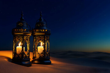 Two ornate lanterns with candles glow softly in a serene desert landscape at twilight. AI Image