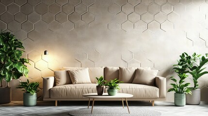 Wall Mural - Modern room with a beige sofa against a textured hexagon tile wall, scattered green plants in ceramic pots, soft lighting, and a minimalist coffee table,