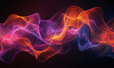 Poster - Abstract background with wavy lines and waves of light in orange, red and purple colors on a black background. Abstract art design element for creative concepts, technology, music or digital concepts.
