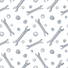 Seamless pattern with wrenches and nuts. Vector illustration.