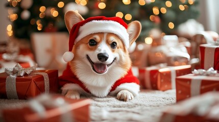 A cute corgi dog in a Santa Claus costume with red hat, in front of Christmas tree and wrapped gifts