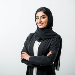 a close-up of a smiling Saudi Arabian Gulf woman wearing the hijab looking somewhere with gestures of self-confidence and joy, the concept of femininity and softness among Saudi women