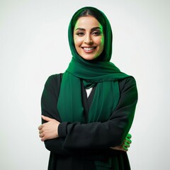 a close-up of a smiling Saudi Arabian Gulf woman wearing the hijab looking somewhere with gestures of self-confidence and joy, the concept of femininity and softness among Saudi women