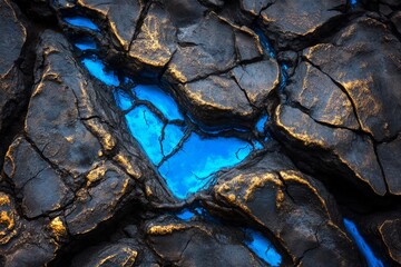 This image presents vibrant blue glowing cracks in a dark, robust ground surface, offering an artistic vision infused with energy and depth in a futuristic style.