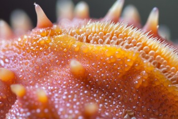 Aufkleber - This close-up image captures a spiky orange and pink textured surface, revealing intricate details and patterns that resemble organic forms and tactile sensations.