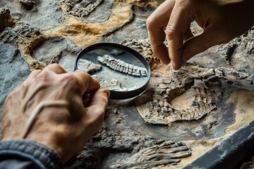 Aufkleber - A detailed examination of ancient fossil bones through a magnifying glass, highlighting intricate details and textures of prehistoric remains and careful analysis.