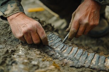 Aufkleber - Hands gently and meticulously unearth dinosaur vertebrae fossils from soil, demonstrating the careful process of archaeological excavation and prehistoric discovery.