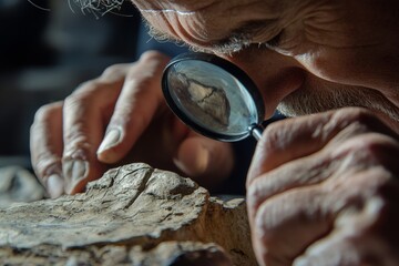 Aufkleber - An elderly researcher closely analyzes ancient fossils with a magnifier, reflecting deep knowledge and dedication to uncovering historical significance of findings.