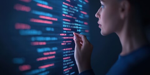 Person interacting with digital code in a dark environment.