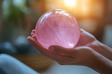 Poster - A mesmerizing rose quartz sphere held tenderly in hands, glowing with warm sunlight, against a blurred background, signifying love, healing, and peace.
