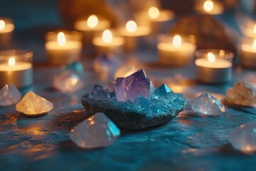 Poster - A striking amethyst crystal takes center stage surrounded by glowing candles, forming an aura of mystery and beauty in an enchanting atmospheric setting.