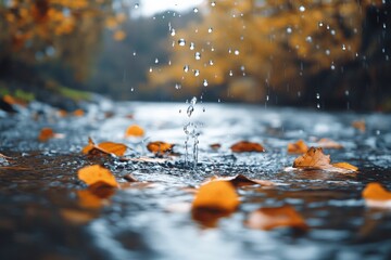 Poster - A beautiful autumn scene featuring golden leaves floating in a stream as gentle raindrops create splashes, capturing the essence of a serene fall day in nature.