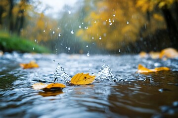 Poster - A single golden leaf floats in the middle of a picturesque stream, with water droplets splashing around, creating an atmosphere of tranquility and beauty in nature.